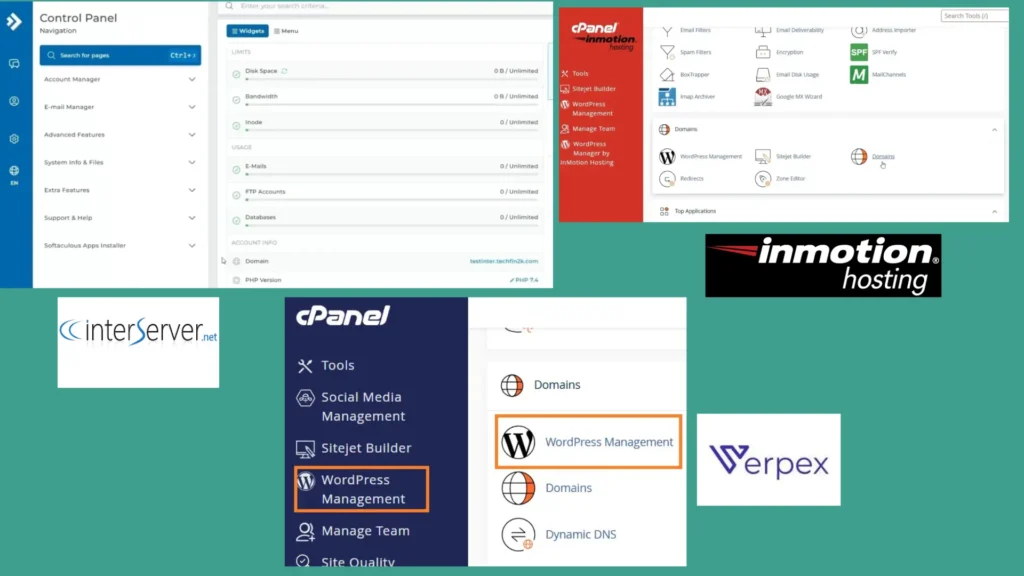 Control panel and dashboard comparison of InterServer, Verpex, and InMotion hosting showing cPanel interfaces and account management features