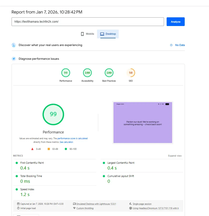 pagespeed desktop results with wordpress plugins on thamara