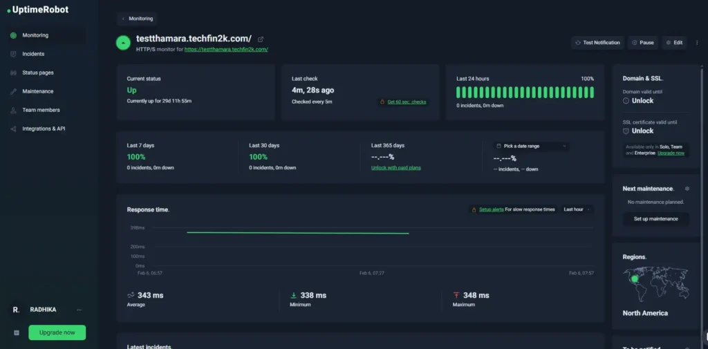 Thamara Cloud uptime monitoring result showing 0 downtime and stable response time between 338 ms and 348 ms
