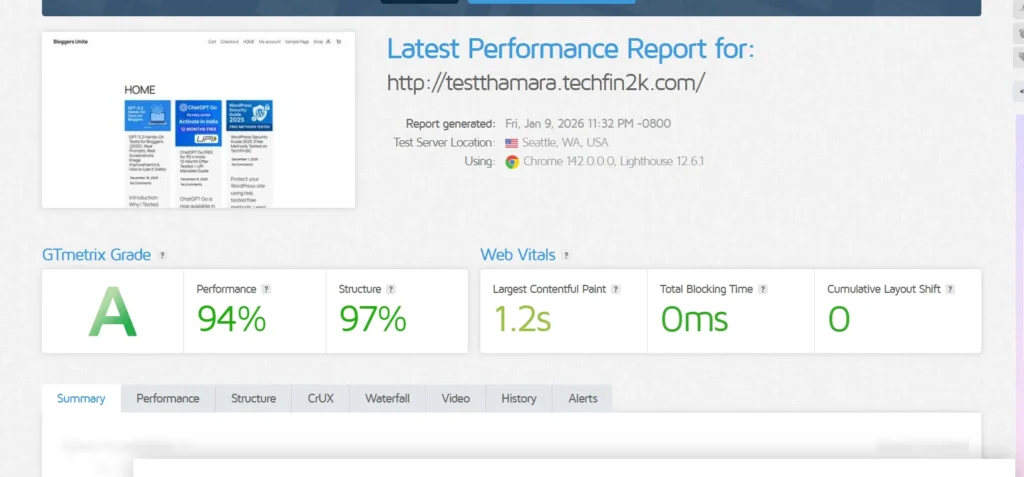 gtmetrix performance results for wordpress site with content and images