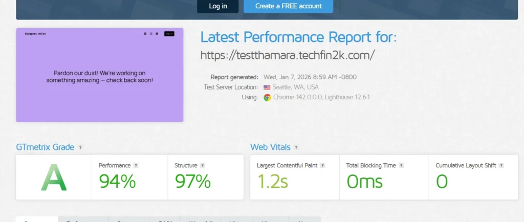 gtmetrix results with wordpress plugins installed on thamara