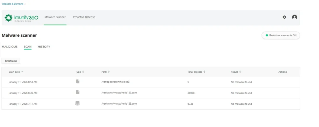 imunify360 security and malware protection interface in hosting panel