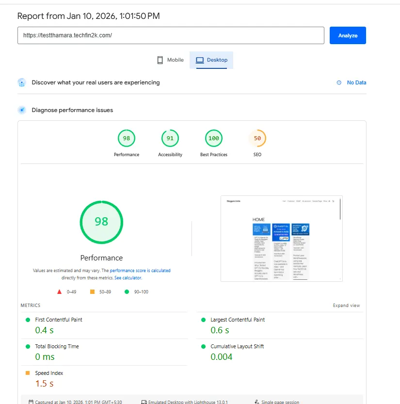 pagespeed desktop results for wordpress site with content