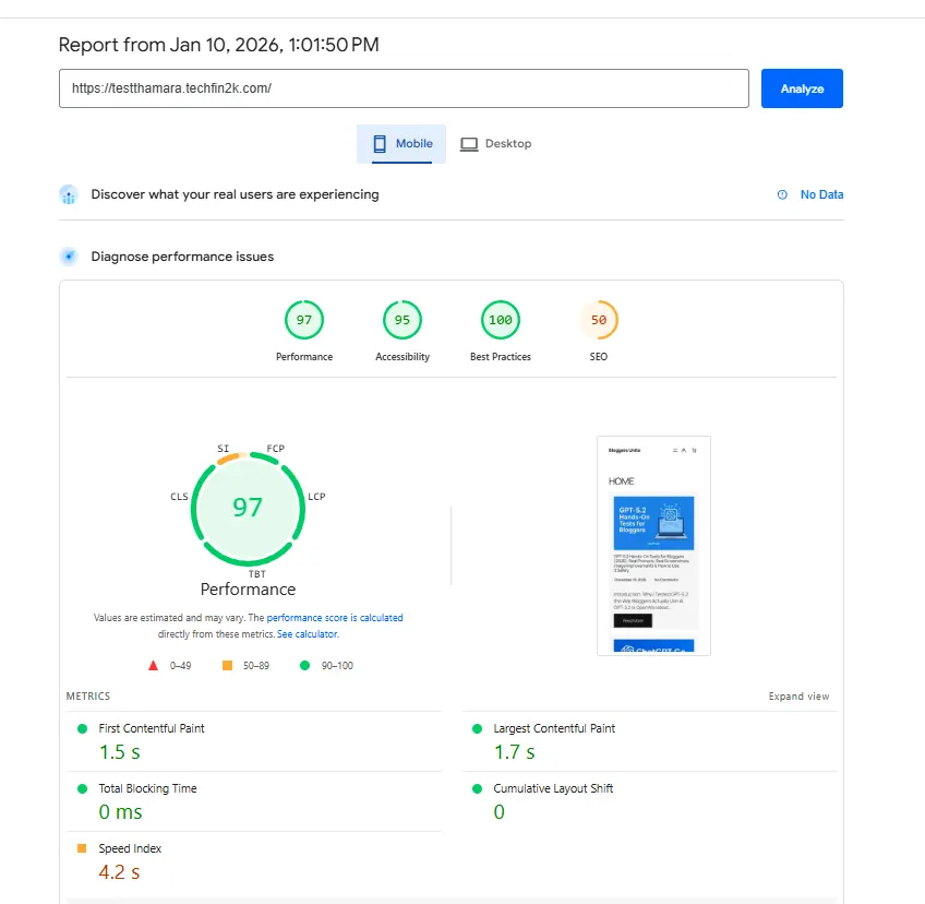 pagespeed mobile performance for wordpress site with content and images