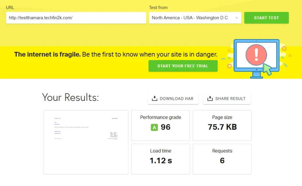 pingdom speed test results for blank wordpress site