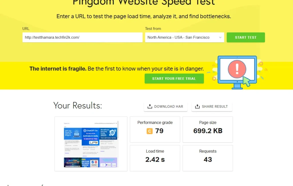 pingdom speed test for wordpress site with posts and media