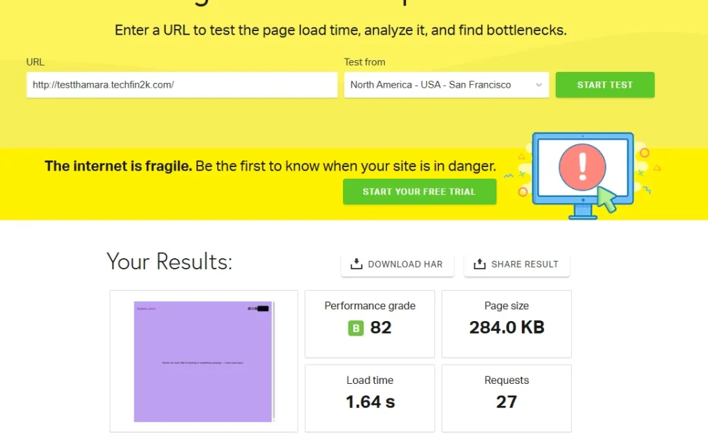 pingdom speed test results with wordpress plugins on thamara