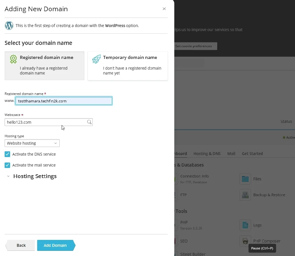 adding subdomain in plesk with wordpress option selected