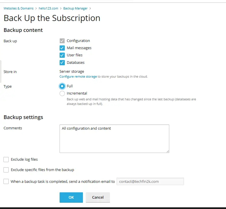backup creation and restore options in plesk hosting panel