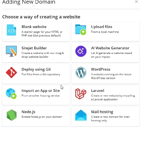 plesk add domain screen showing options like wordpress sitejet ai website builder