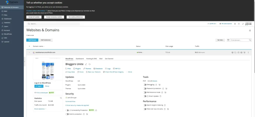 plesk control panel dashboard used for managing wordpress sites on thamara