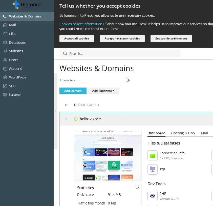 plesk websites and domains screen showing add domain and add subdomain options