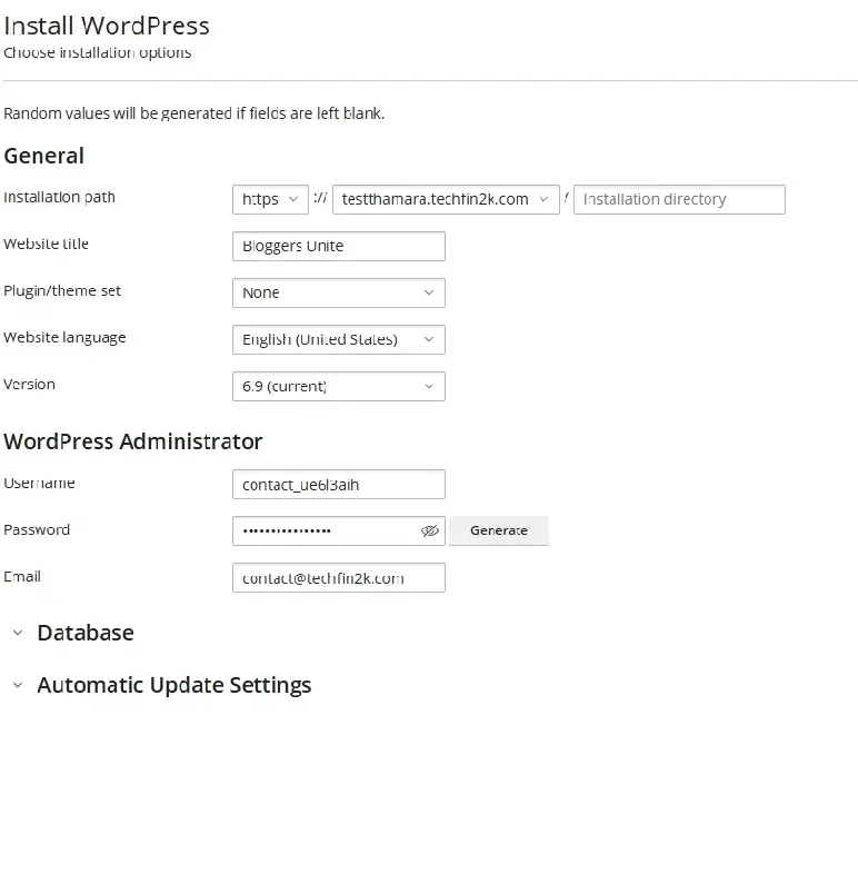 wordpress installation settings screen in plesk with admin details