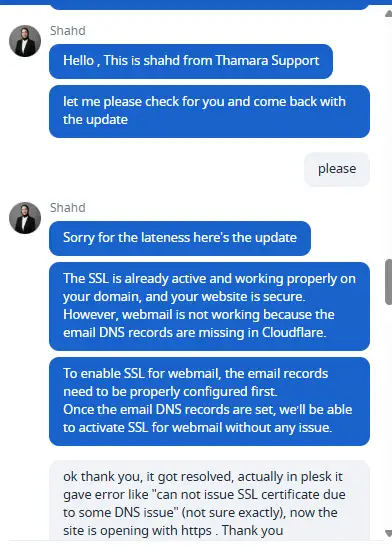 Thamara Cloud support resolving SSL authorization issue in Plesk