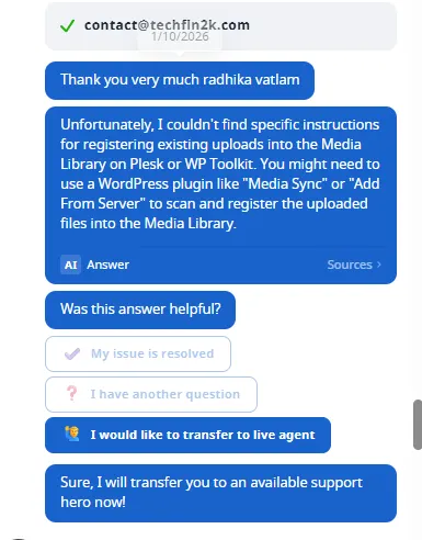 Thamara Cloud support chat showing AI response and escalation to live agent