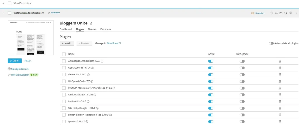 wordpress toolkit in plesk showing plugin and site management