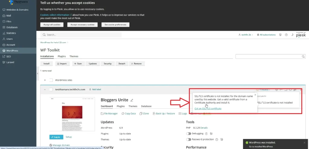 plesk wordpress toolkit showing ssl tls not installed warning