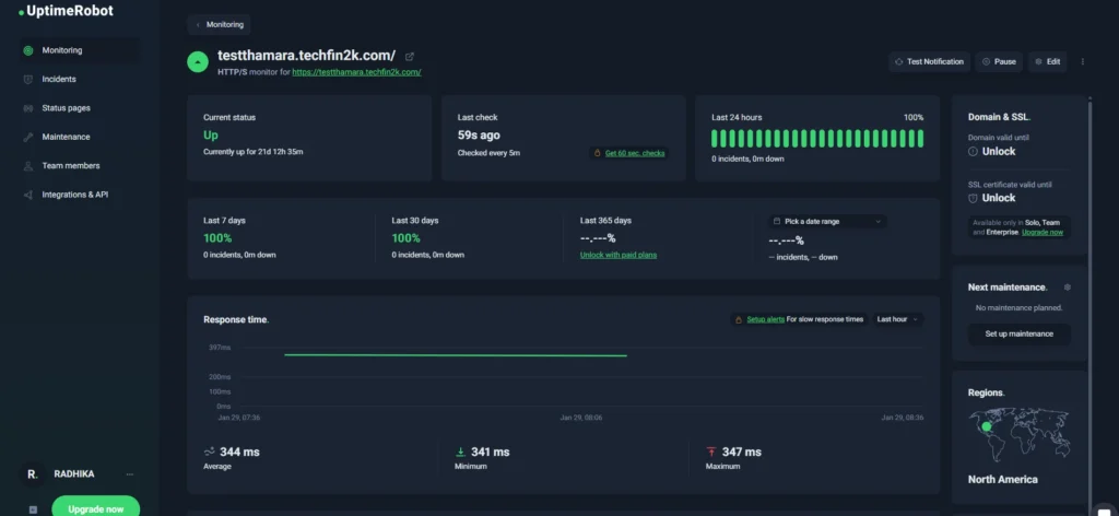 UptimeRobot dashboard showing 22 days of uptime monitoring for testthamar.foenix.techfin2k.com with 99.9%+ availability.