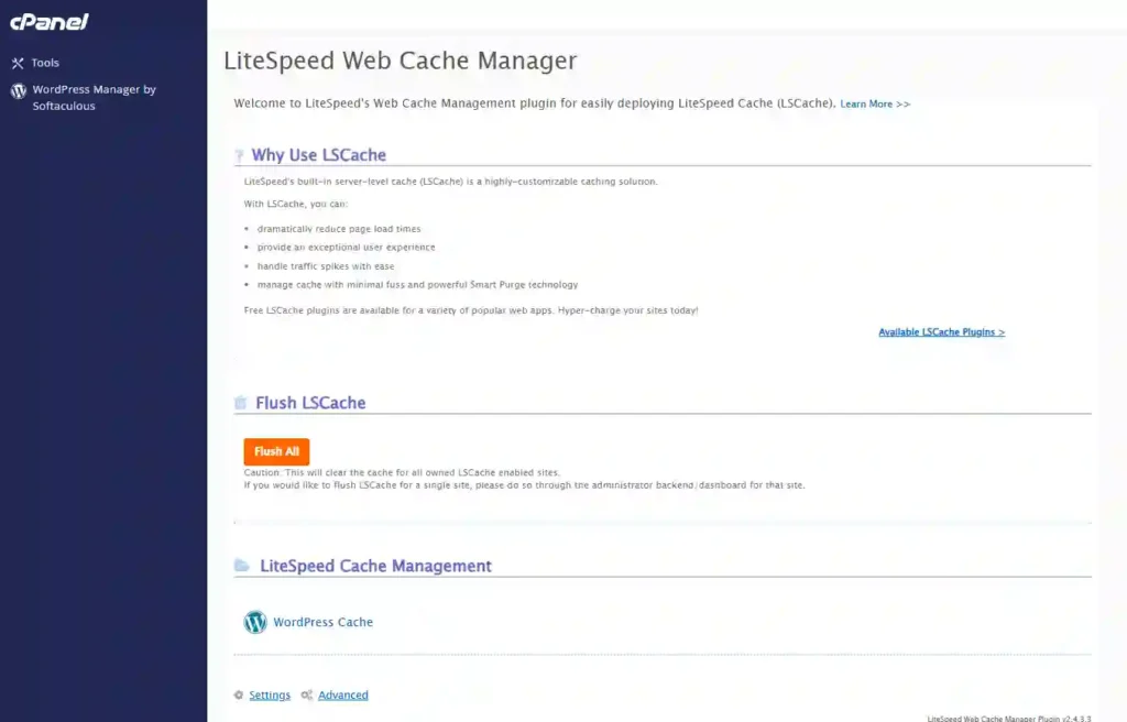 HostArmada cPanel LiteSpeed Web Cache Manager with Flush LSCache button for WordPress optimization