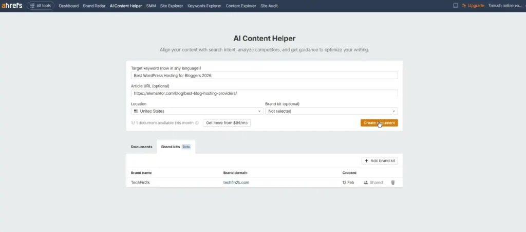 Ahrefs AI Content Helper dashboard showing target keyword field, article URL field, location dropdown set to United States, and Brand Kit selection