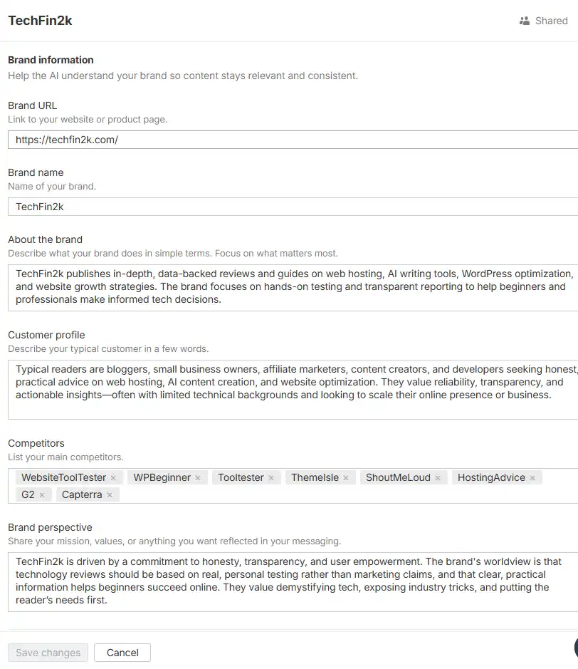 Generated Brand Kit guidelines showing brand information, customer profile, competitors list, and brand perspective for TechFin2k