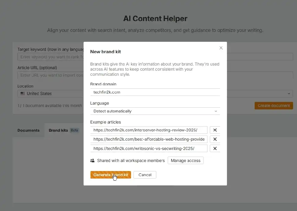 Ahrefs AI Content Helper Brand Kit setup showing domain entry, language detection, and 3 example URLs input fields