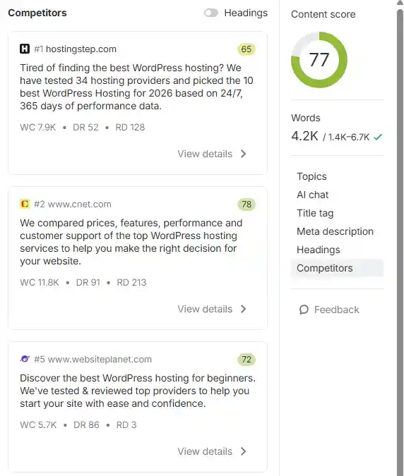 Ahrefs Competitors panel showing three ranked articles with content scores (65, 78, 72), word counts (7.9K, 11.8K, 5.7K), domain ratings (DR 52, 91, 86), referring domains (RD 128, 213, 3), and View Details buttons