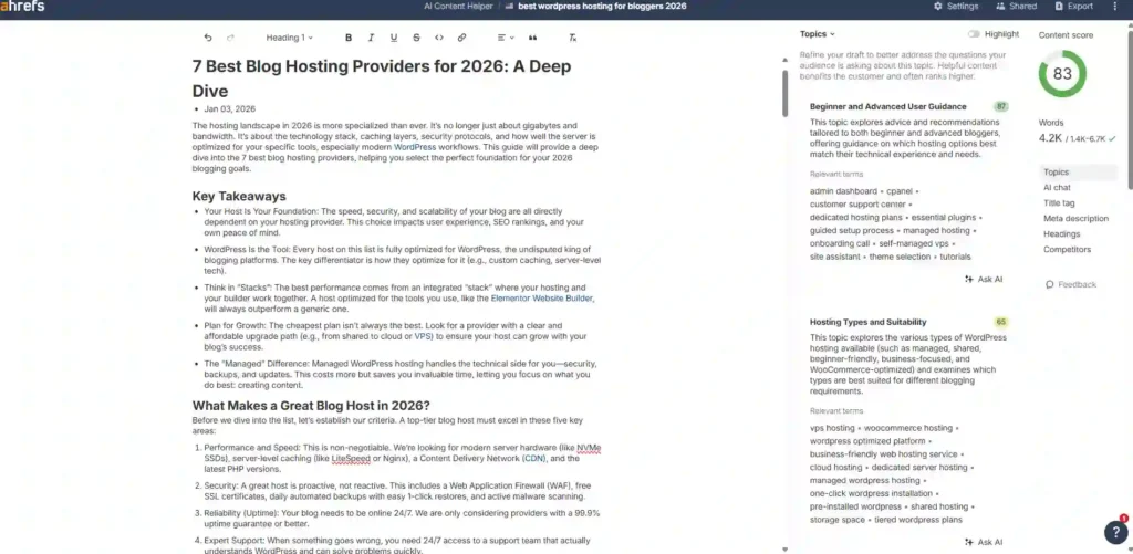Ahrefs AI Content Helper editor interface showing content score 83 in right sidebar, Topics panel, AI chat options, and generated article draft in center with formatting toolbar