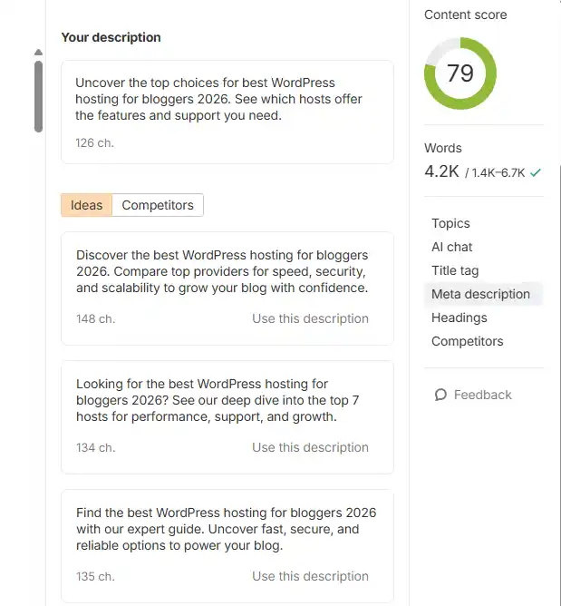Ahrefs Meta Description tool showing AI-generated suggestions alongside competitor meta descriptions from top-ranking articles for comparison