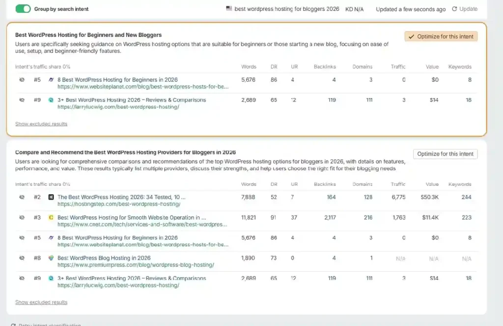 Ahrefs AI Content Helper search intent selection showing two options: beginners-focused intent and commercial comparison intent for WordPress hosting keyword