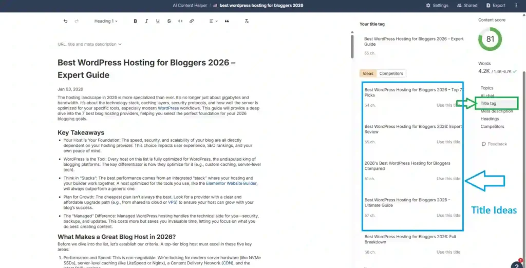 Ahrefs Title Tag tool showing 6 AI-generated title suggestions including "Expert Picks," "Full Comparison," and "Expert Guide" variations with character counts and regenerate button