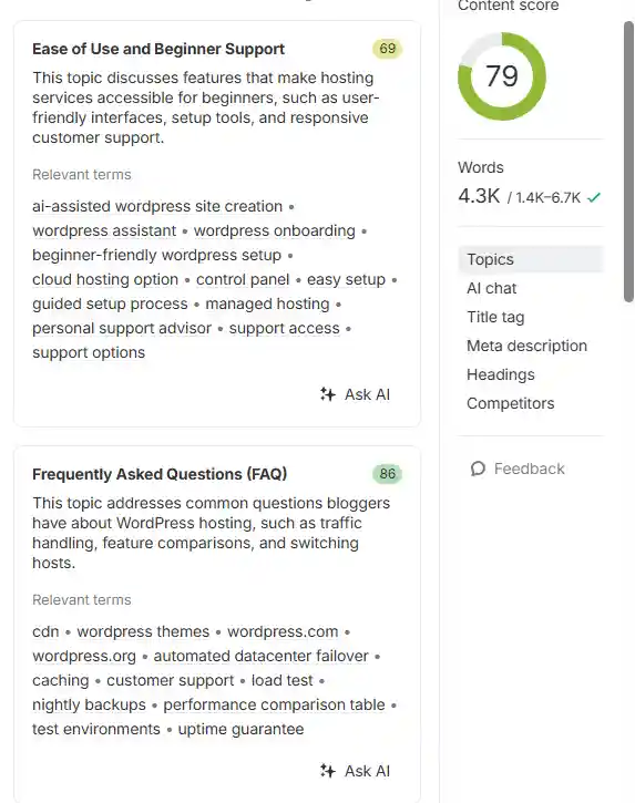Ahrefs Topics panel showing two topic cards: "Ease of Use and Beginner Support" scored 69 and "Frequently Asked Questions FAQ" scored 86, with relevant terms and Ask AI buttons for each topic