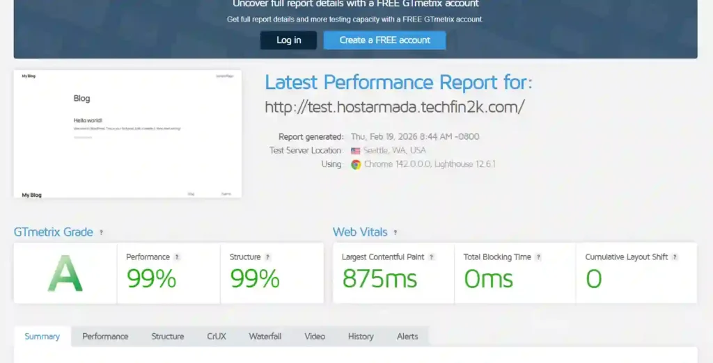 GTmetrix A Grade blank wordpress installation performance report for HostArmada Singapore server tested from Seattle location.