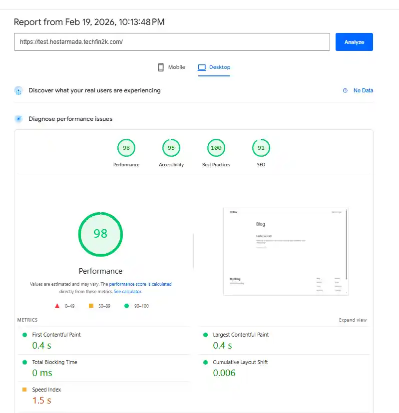 Google PageSpeed desktop results for HostArmada cloud hosting with 0.4 second Largest Contentful Paint.