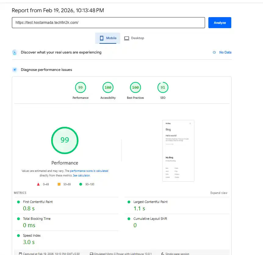 Google PageSpeed Insights mobile results for HostArmada blank WordPress installation showing 99 performance score and strong Core Web Vitals metrics.