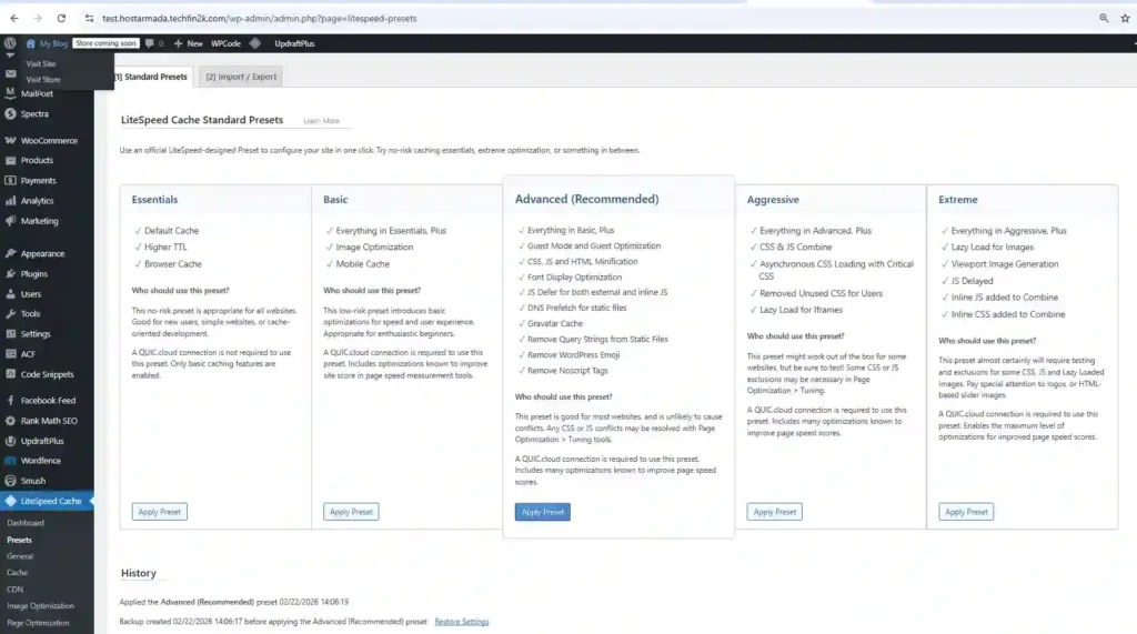 LiteSpeed Cache Advanced preset settings enabled for performance optimization on HostArmada WordPress site.