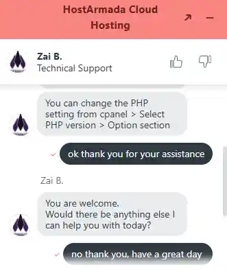 HostArmada support guiding how to modify PHP settings via cPanel Select PHP Version options.