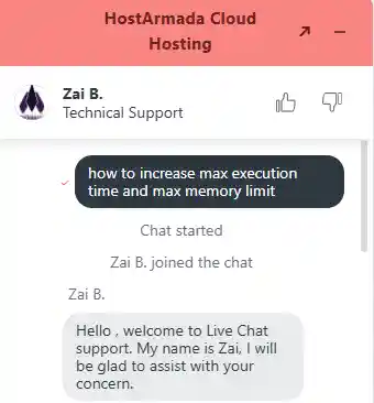 User asking HostArmada support how to increase PHP max execution time and memory limit.