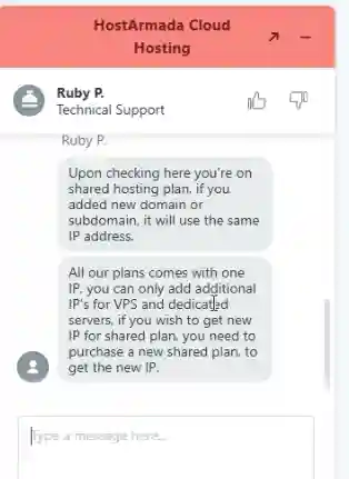 HostArmada support explaining that shared hosting plans use one IP unless upgraded to VPS or dedicated server.