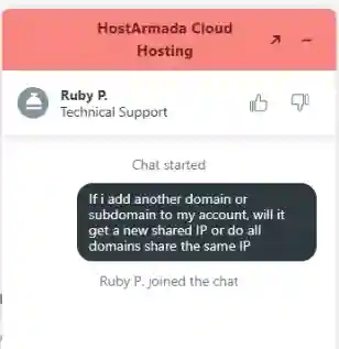User asking HostArmada support whether additional domains receive separate shared IP addresses.