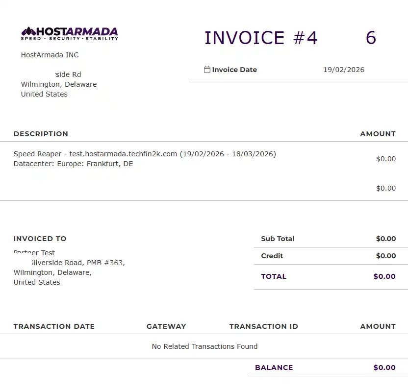 HostArmada Speed Reaper shared hosting invoice showing a $0.00 balance for a 1-month test account