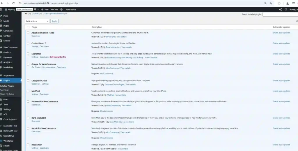 First part of active WordPress plugin list including WooCommerce, Elementor, and Rank Math used for HostArmada load testing.
