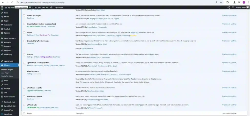 Second part of 20 active WordPress plugins including Wordfence, UpdraftPlus, and LiteSpeed Cache used in HostArmada performance test.