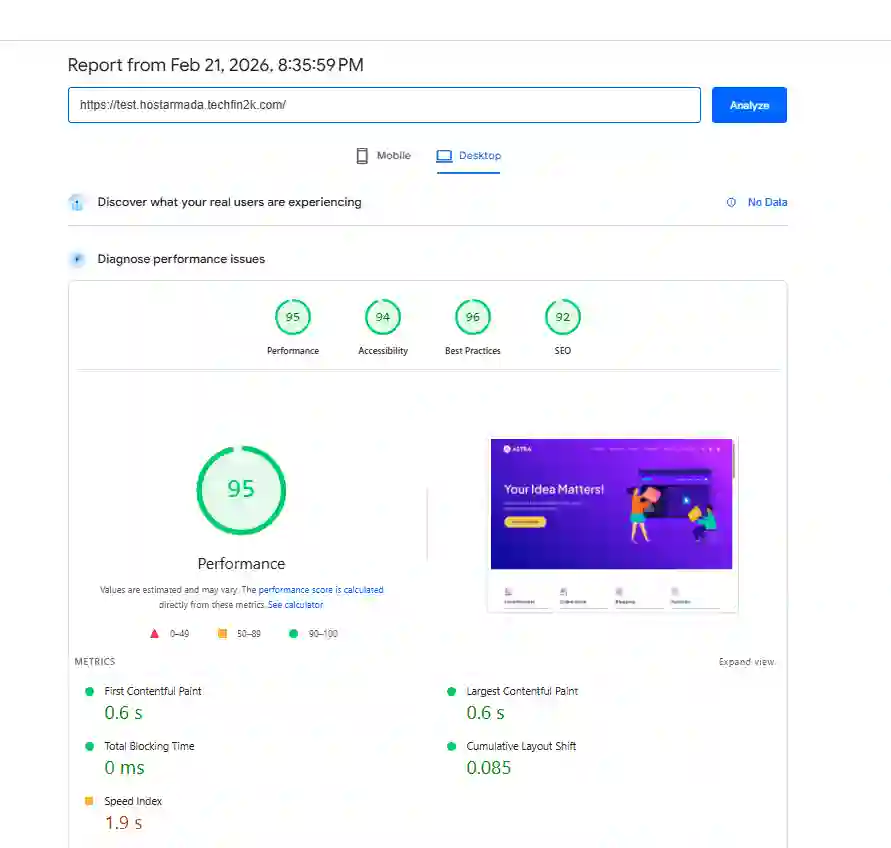 Google PageSpeed desktop results for HostArmada WordPress site running WooCommerce and 20 active plugins.