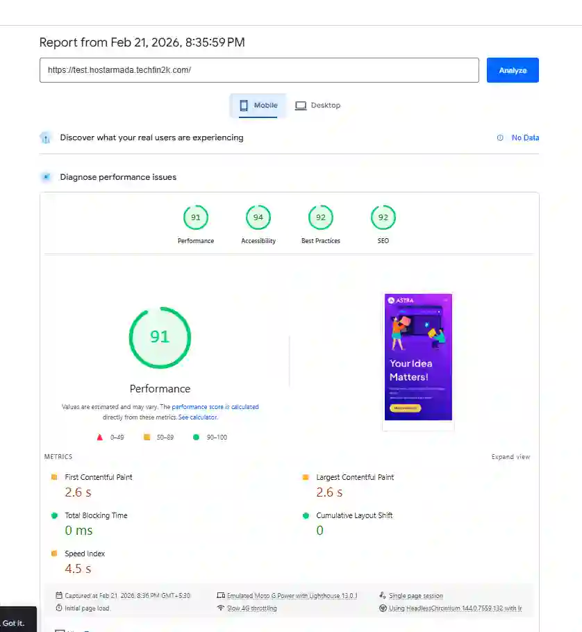 Google PageSpeed mobile performance results for WordPress site with 20 active plugins on HostArmada hosting.