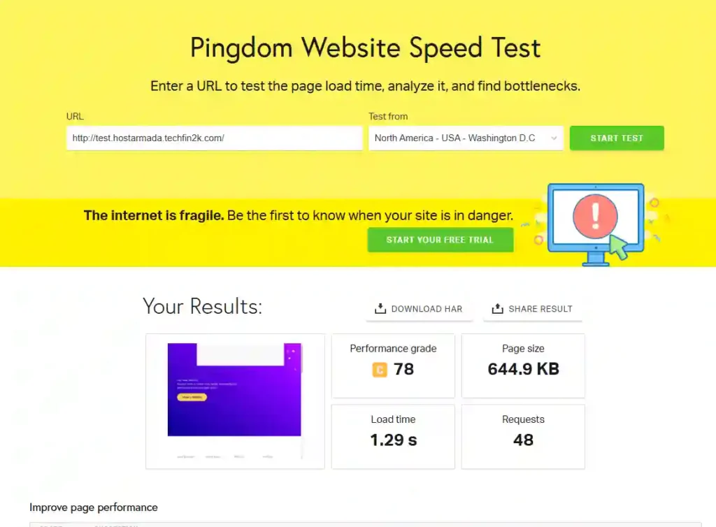 Pingdom speed test results showing 1.29 second load time for HostArmada site with 20 active WordPress plugins.