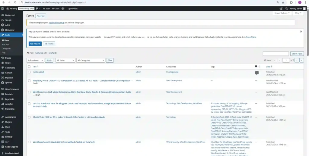 WordPress posts dashboard showing 35 published articles used for HostArmada unoptimized load testing.