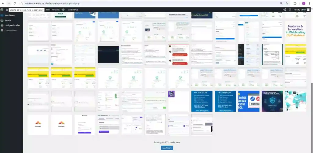 WordPress media library showing 751 uploaded images used for HostArmada Stage 3 performance test.