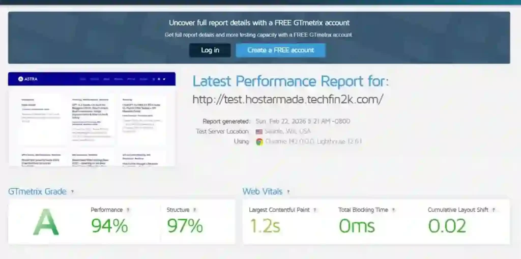 GTmetrix performance report for unoptimized WordPress site with 751 media files on HostArmada server