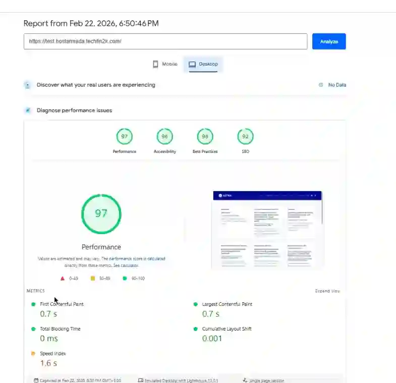 Google PageSpeed desktop benchmark for unoptimized content-heavy WordPress site on HostArmada hosting.
